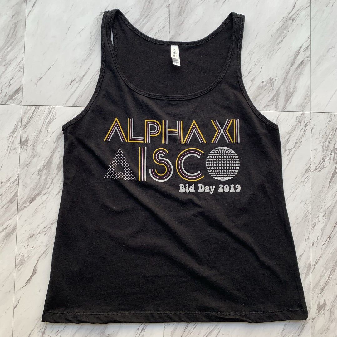 Alpha Xi Delta black disco bid day tank